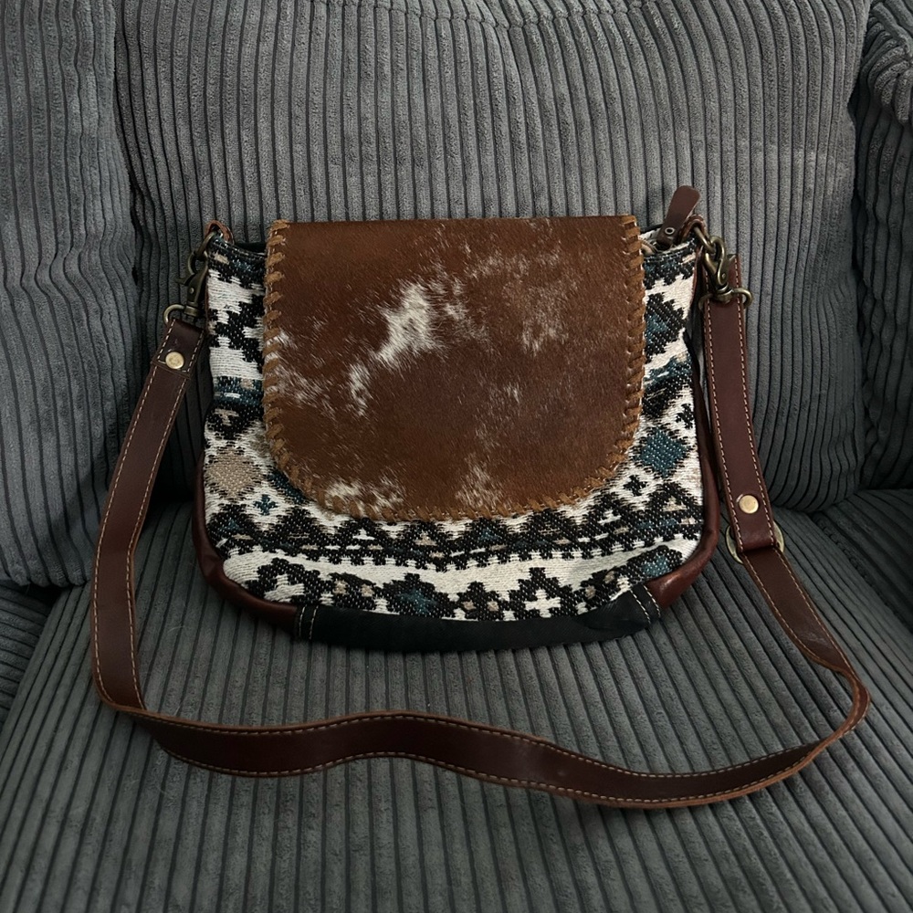 Myra Bag Brown Cowhide & Black-White Pattern Crossbody